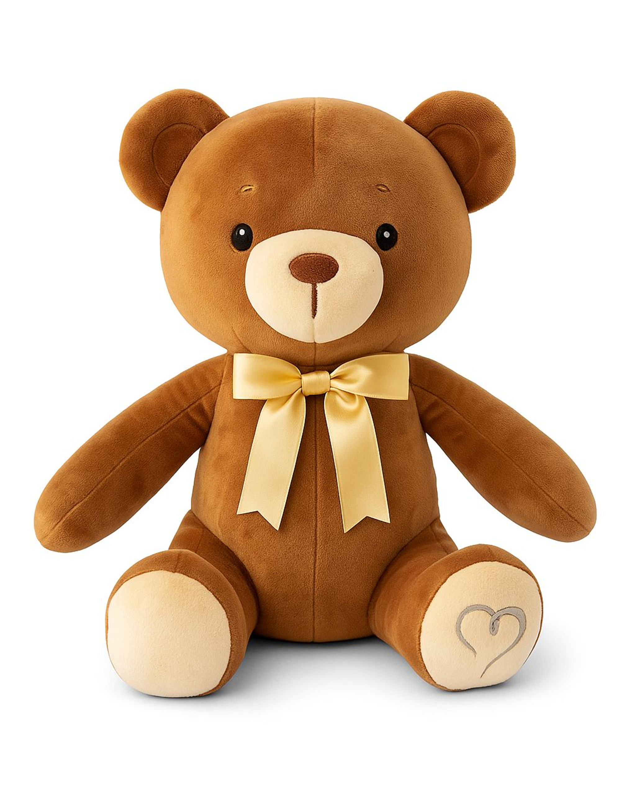 Brown teddy bear plush with a yellow bow tie on a white background