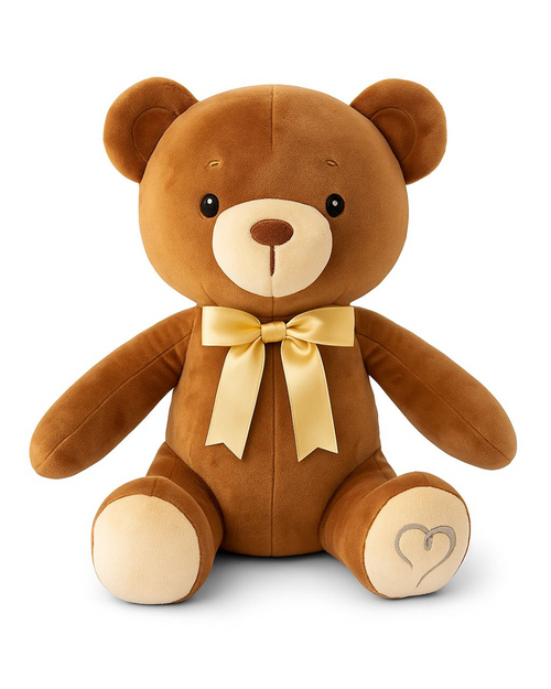 Brown teddy bear plush with a yellow bow tie on a white background